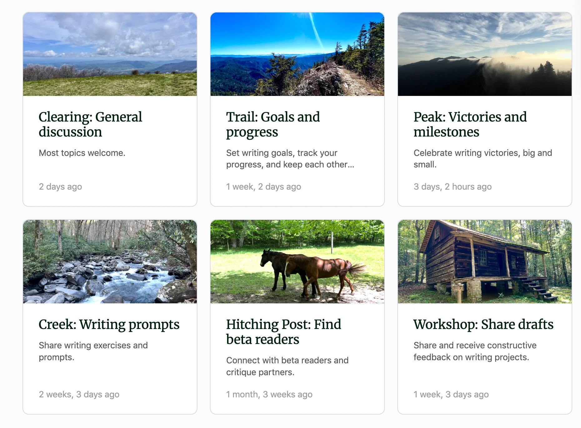 Trailhead's six discussion spaces: Clearing, Trail, Peak, Creek, Hitching Post, and Workshop