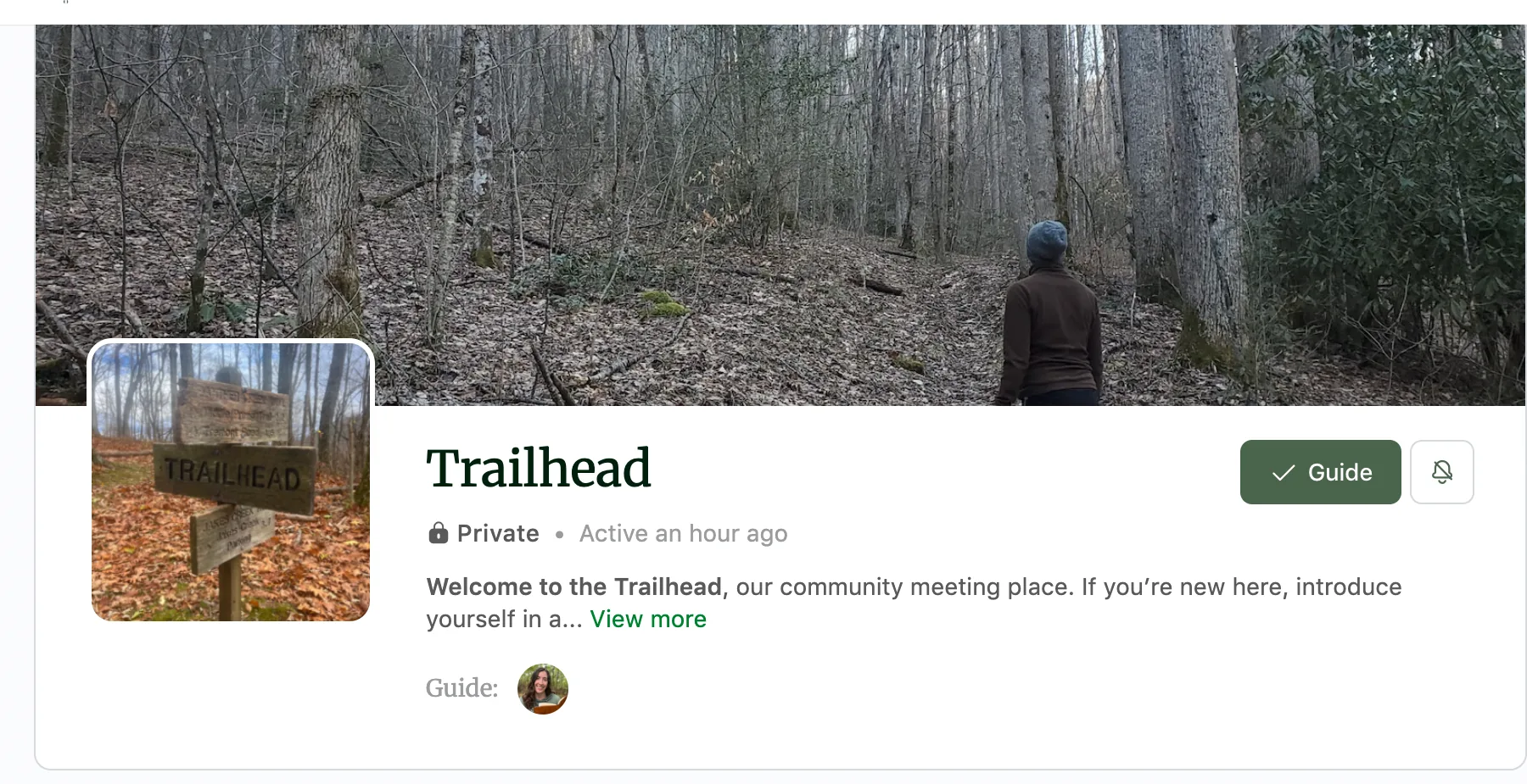 The Trailhead group page, with a wooded cover photo, trail sign, and welcoming group description